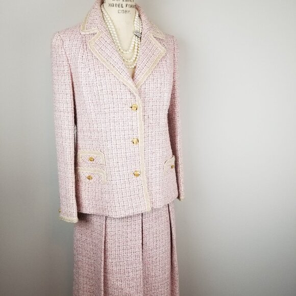 Vintage 1950's Classic Pale Pink Tweed 2 pc Tweed Blazer Skirt Suit Set * Small - Picture 2 of 16